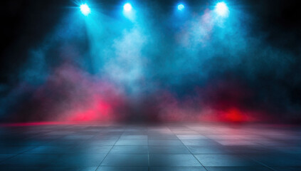 Dark street, night smog and smoke neon light. Dark background of the night city, ray of light in the dark. Gloomy dark background