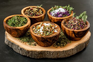Fototapeta premium Variety of fresh dried herbs in wooden bowls on rustic tray