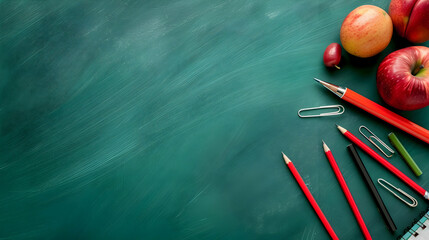 Colorful school supplies and fresh apples on a green chalkboard background, ideal for education