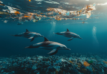 Obraz premium Dolphin Dying in Polluted Water: Impact of Water Pollution on Marine Life 