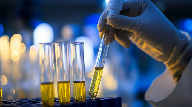 Lab technician's hand in latex glove holds test tube placing it in tray rack with others in laboratory setting defocused background copy space medical medicine heath research pharmaceutical concepts