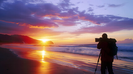 silhouette of a photographer capturing a sunset on the beach