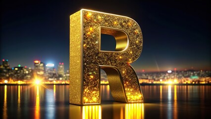 Sparkling gold 3D letter R, panoramic view, glitter.
