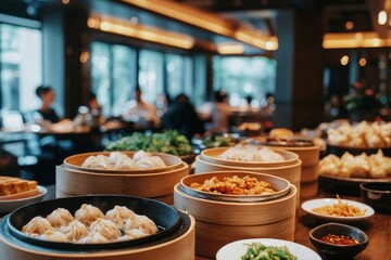 Fototapeta premium Steamed dumplings buffet in bustling restaurant