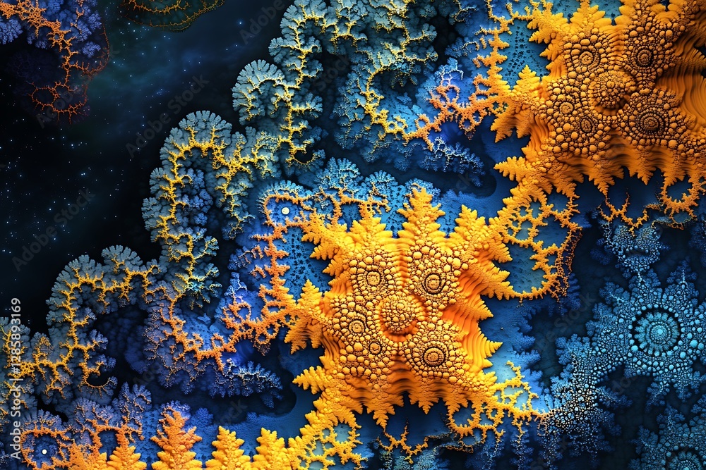 Poster Abstract fractal art with blue and orange patterns.