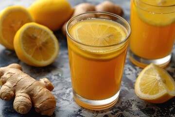 Fototapeta premium Refreshing ginger lemon drink in glasses, garnished with lemon slices and served with fresh ginger root.