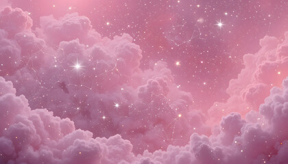 Pink Dreamy Sky, Stars, Clouds Background - Pastel colors