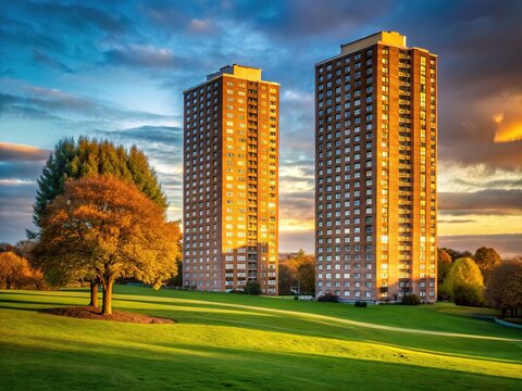 Stylish high-rise flats in Hanley Park, Stoke-on-Trent.  Silhouette complex.