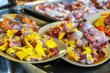 Disgusting fresh meat on Thai Khao Lak food market Thailand.