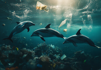 Fototapeta premium Dolphin Dying in Polluted Water: Impact of Water Pollution on Marine Life 