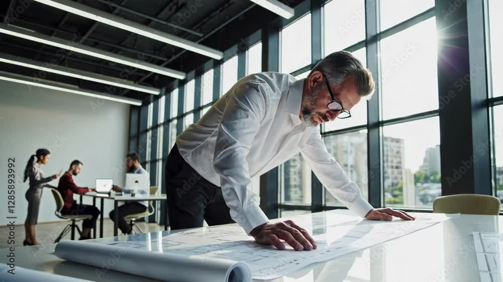 Poster experienced engineer carefully reviews blueprints on a large table in a bright, modern office, captu
