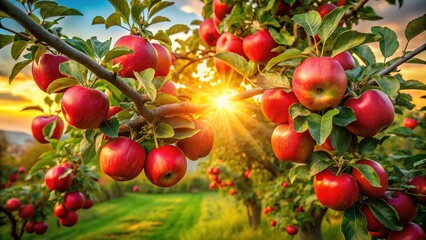 Obraz premium Surreal apples glow crimson on a sunset tree.