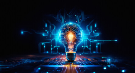 Glowing light bulb with digital circuits in blue and orange on a dark background. Symbolizes innovation, ideas, and technological progress.