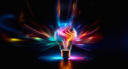 A light bulb glows intensely, emitting vibrant and colorful rays of energy against a dark background, representing a burst of innovation and bright concepts.