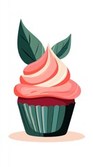 Delicious cupcake with pink frosting green leaves