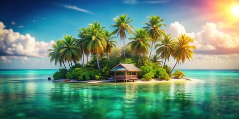 Naklejka premium Tropical island paradise, panoramic ocean vista, AI-generated hut.