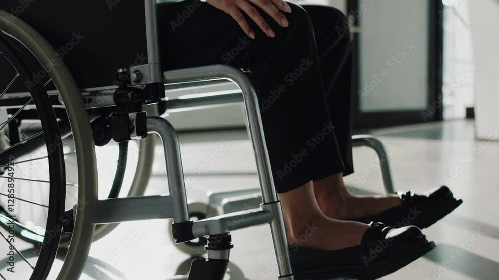 Poster businesswoman sitting in a wheelchair and touching her knee, captured in a slow motion sequence, emp