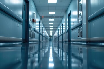 Fototapeta premium A long, empty hospital corridor with polished floors reflecting the lights, creating a sterile and somewhat eerie atmosphere.