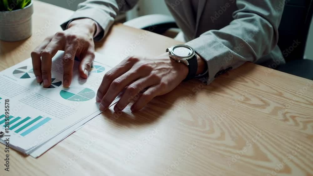Poster Businessman wearing a smartwatch examines financial documents with charts and graphs, meticulously analyzing data in a slow motion sequence