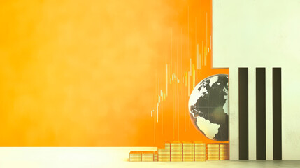 Golden coins stacked beside a world globe and growth chart, symbolizing global financial success and investment opportunities. Economic trends illustrated.