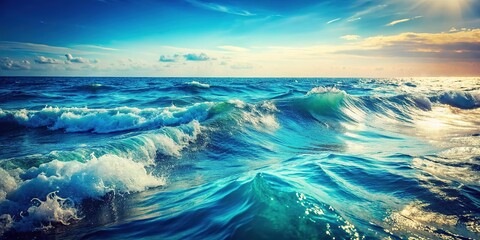 Vintage sea art: blue waves crashing, photorealistic horizon.
