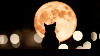 Cat silhouette against large moon, blurred city lights