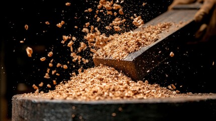 Wood shavings flying off chisel on stump in workshop