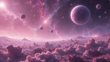 Pink Nebula Space Landscape, Fantasy Planets - Pastel Color Palettes