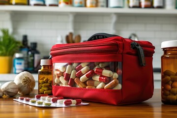 A red medical bag filled with various pills and capsules sits on a wooden table next to garlic bulbs and pill bottles.