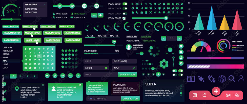 Poster a set of ui components for mobile apps and websites. includes buttons, panels, menus, sliders, and c