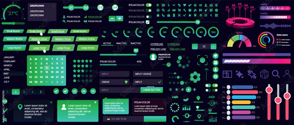 Poster a set of ui components for mobile apps and websites. includes buttons, panels, menus, sliders, and c