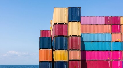Fototapeta premium Colorful shipping containers stacked high by the sea