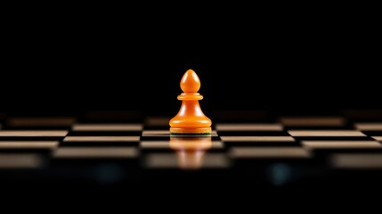 Lone orange chess pawn on dark board, strategy and planning concept