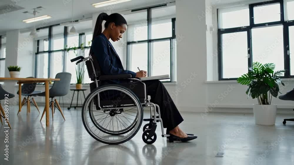 Poster professional wheelchair user manager working intently, capturing workplace diversity and empowerment