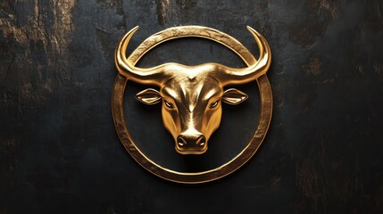 Golden bull head in circular frame on dark background. Stock photo