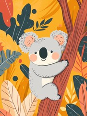 Fototapeta premium Cute koala clinging to a tree in a vibrant autumnal forest