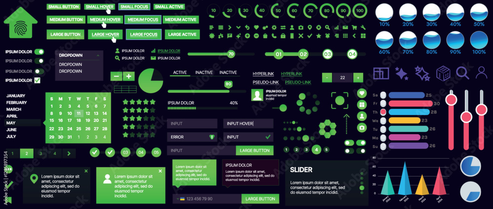 Poster a set of ui components for mobile apps and websites. includes buttons, panels, menus, sliders, and c
