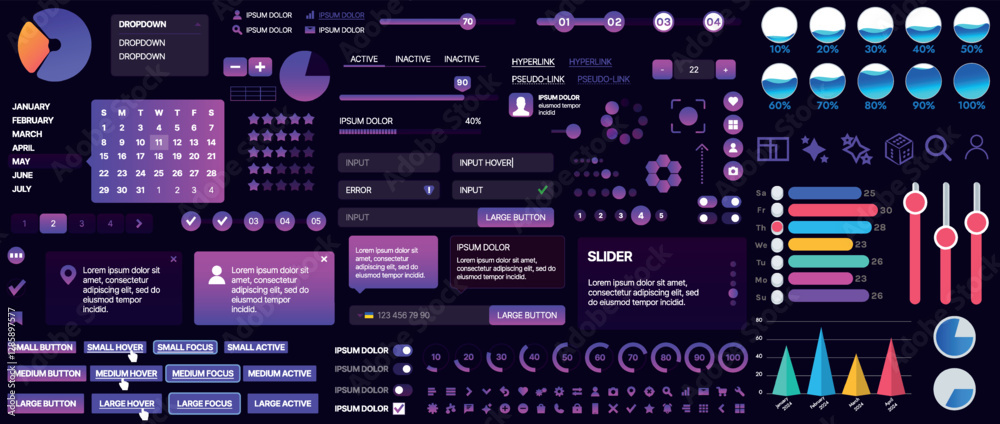 Poster a set of ui components for mobile apps and websites. includes buttons, panels, menus, sliders, and c