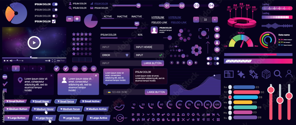 Poster a set of ui components for mobile apps and websites. includes buttons, panels, menus, sliders, and c