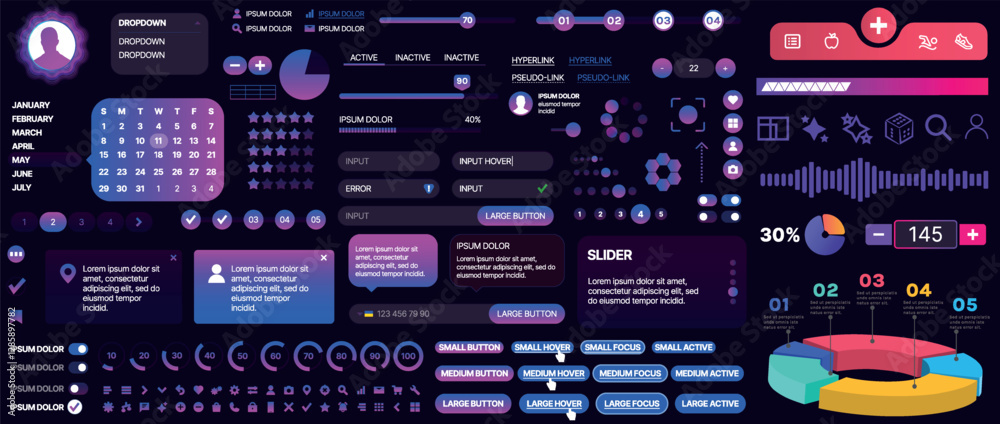 Poster a set of ui components for mobile apps and websites. includes buttons, panels, menus, sliders, and c