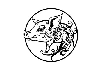 Ornate Piglet Illustration Black and White Circular Design