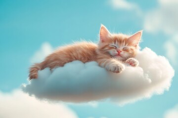 Ginger kitten napping softly on fluffy white cloud, drifting through peaceful blue sky with serene dreamlike atmosphere