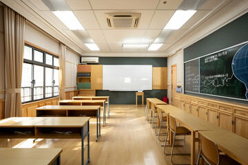 Bright and spacious classroom with desks and a chalkboard, showcasing educational tools and resources