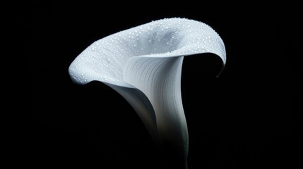 White calla lily with water drops on black background, floral decor