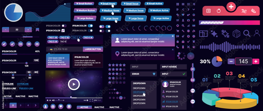 Poster a set of ui components for mobile apps and websites. includes buttons, panels, menus, sliders, and c