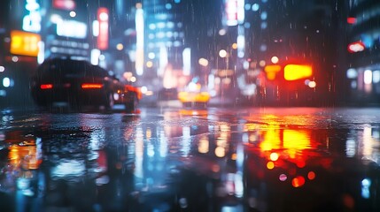 Obraz premium A rainy urban scene with reflections of neon lights and vehicles on wet pavement.