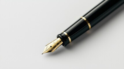 Gold nib fountain pen on white paper, ready for writing