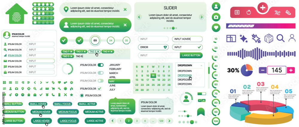 Poster a set of ui components for mobile apps and websites. includes buttons, panels, menus, sliders, and c