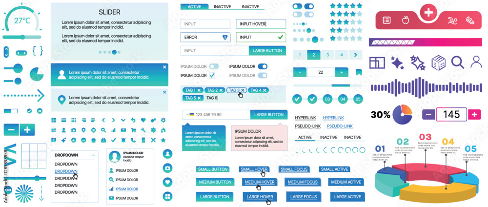 Poster a set of ui components for mobile apps and websites. includes buttons, panels, menus, sliders, and c