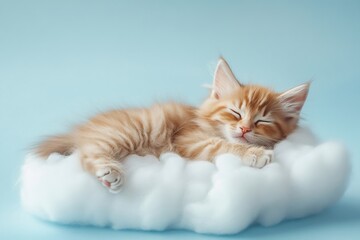 Fluffy red kitten napping on white cloud, floating against pastel blue sky, representing peaceful animal tranquility and dreamy pet imagery